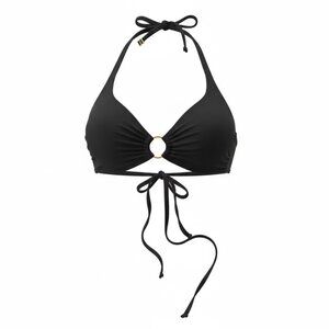Victoria's Secret Black Halter Bikini Top w/ Gold Ring Detail - Size Large